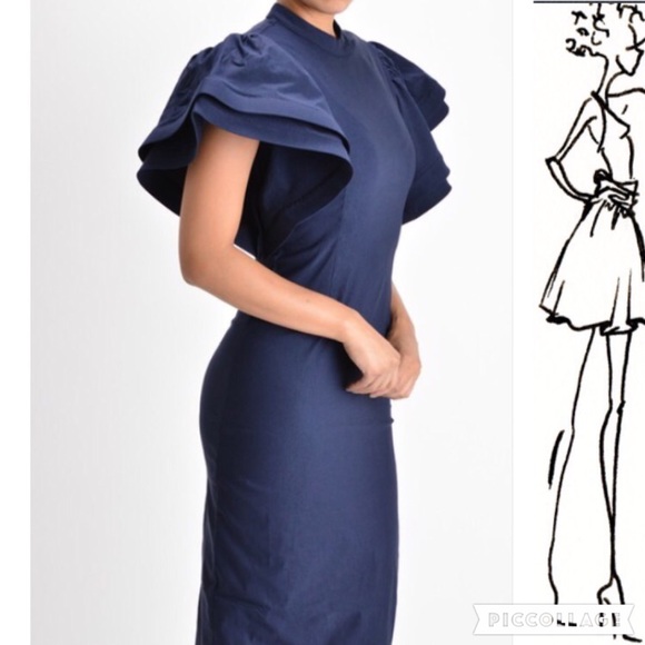 1 Left! Denim Look Fitted Dress w/Wide Sleeves - Picture 2 of 4