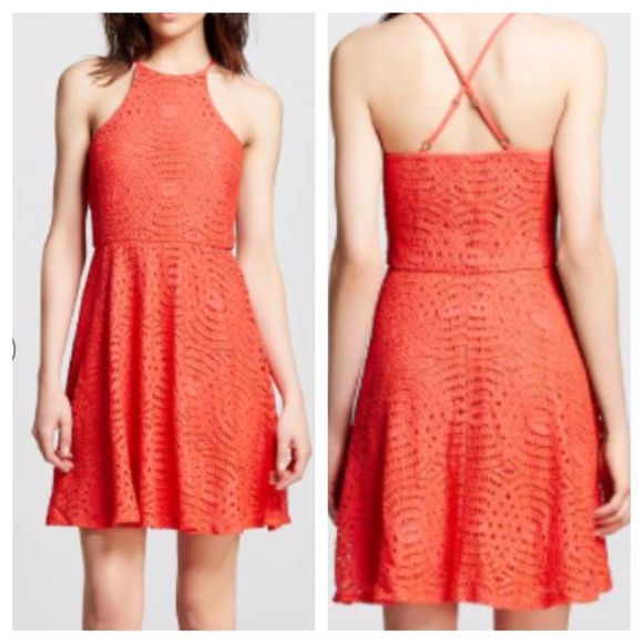 Coral high Neck Lace Dress