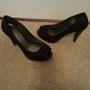 Black peep toe faux suede heels