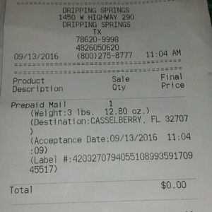 Proof of shipment for @vrobs1106