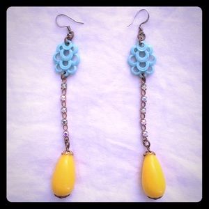 Teal/yellow rhinestone extra-long earrings
