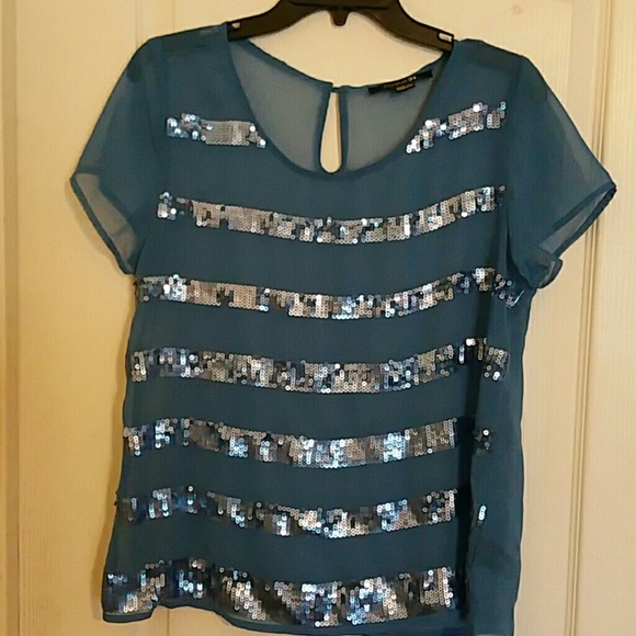 Sheer blue striped sequined shirt