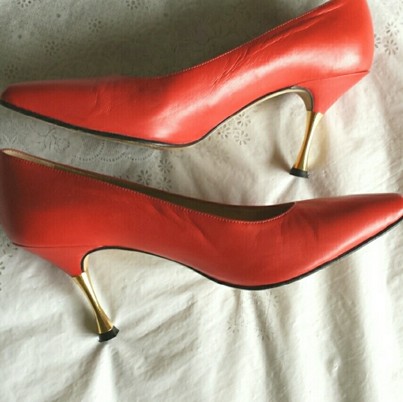 Escada Shoes - Vintage Escada Red Leather Pumps With Gold Heels