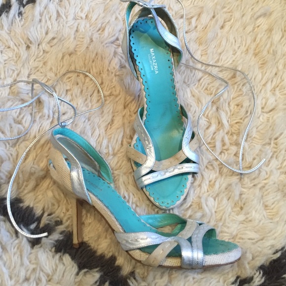 Maxazria silver /beige suede lace up heels sz 7.5