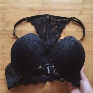 Xoxo black lace racer push-up bra.