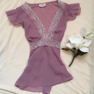 Lilac sheer tank top with lace trim and tie back