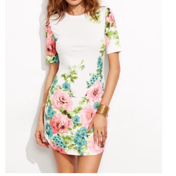 New White Floral Print Short Sleeve Dress