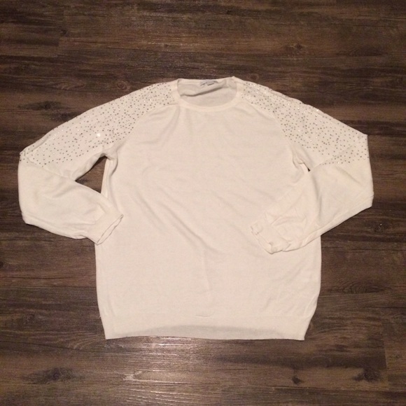 Winter White Sweater with Jeweled Shoulders