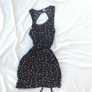 Black jersey dress w/ multicolor dinosaur pattern