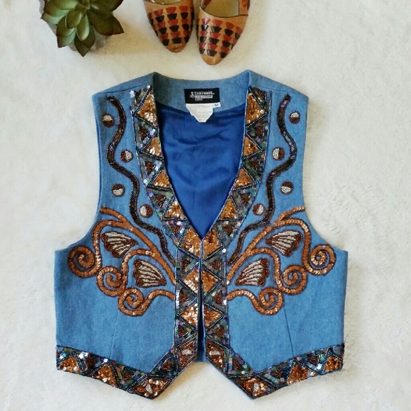 Vintage Jackets & Blazers - Vintage Beaded Denim/Jean Vest