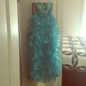 High low Sherri Hill prom dress, color is Aqua