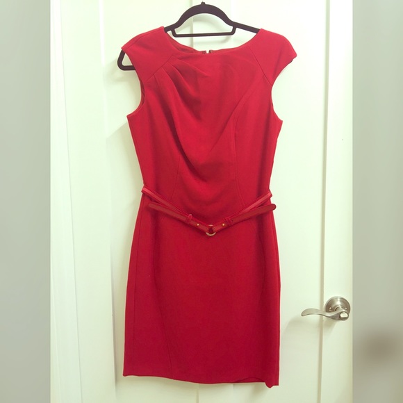 Belted asymmetrical sheath dress