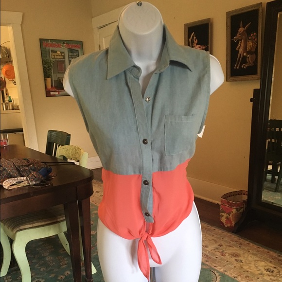 Chambray, coral top