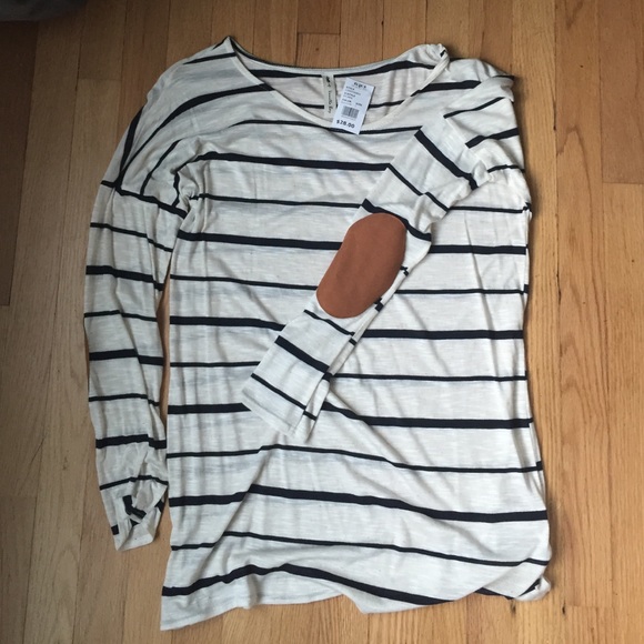 Navy, cream stripe top with suede elbow patches