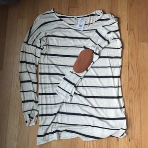 Navy, cream stripe top with suede elbow patches