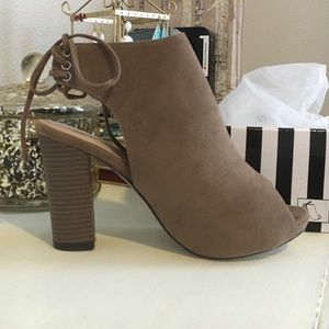 Suede peep toe tie back booties