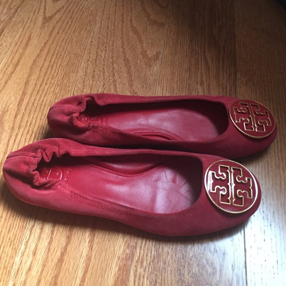 Red suede Tory Burch Reva Flats