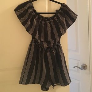 Lucca Pin stripe off the shoulder romper