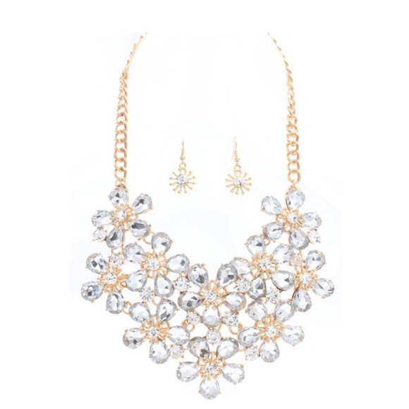 Floral stone cluster chain statement necklace