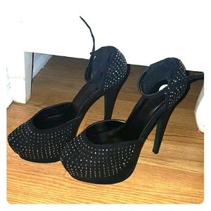 Black rhinestone platform heels