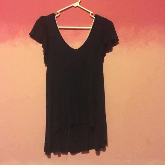 Navy, high-low blouse with crotchet back