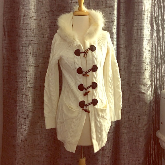 Warm cream fur hooded toggle sweater coat!