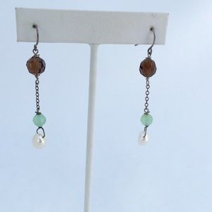 Long chain earrings. Pearl, chalcedony, topaz