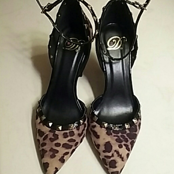 Leopard stiletto with gold stud ankle strap