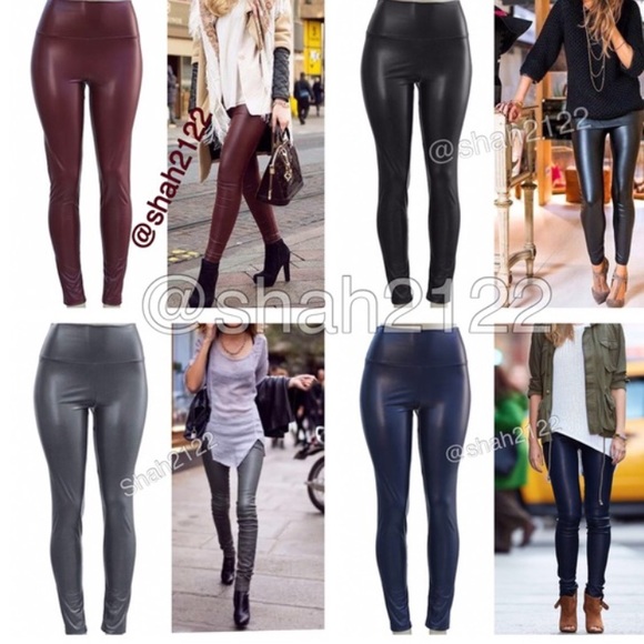 Faux Leather High Waisted Leggings Fleece LINED - Picture 3 of 5