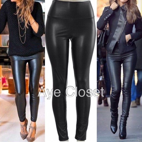 Faux Leather High Waisted Leggings Fleece LINED - Picture 2 of 5