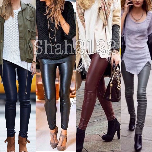 Faux Leather High Waisted Leggings Fleece LINED - Picture 4 of 5