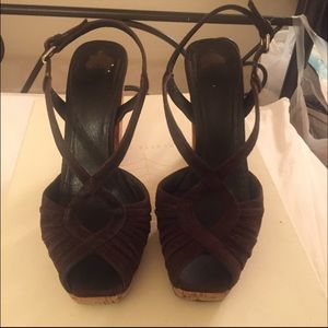 Brown Suede Prada Slingback Peep-toe w cork heel