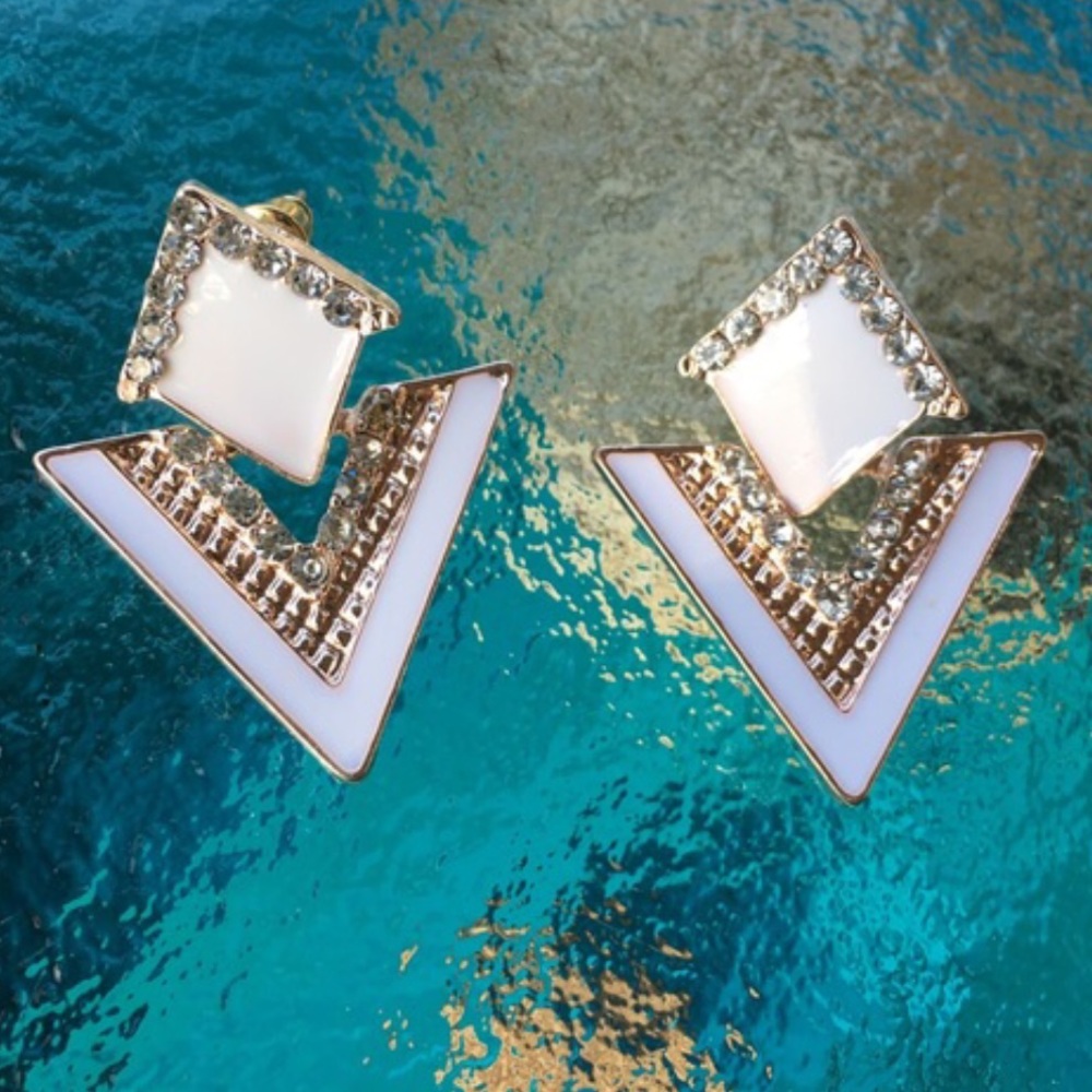White Triangle Earrings - Picture 4 of 7