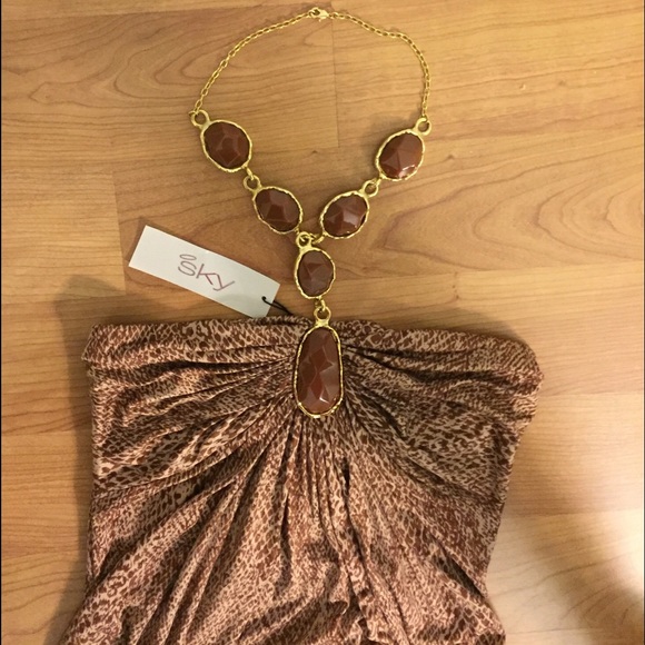 Sky Brown Snakeskin Print Tube Top with Chain - M