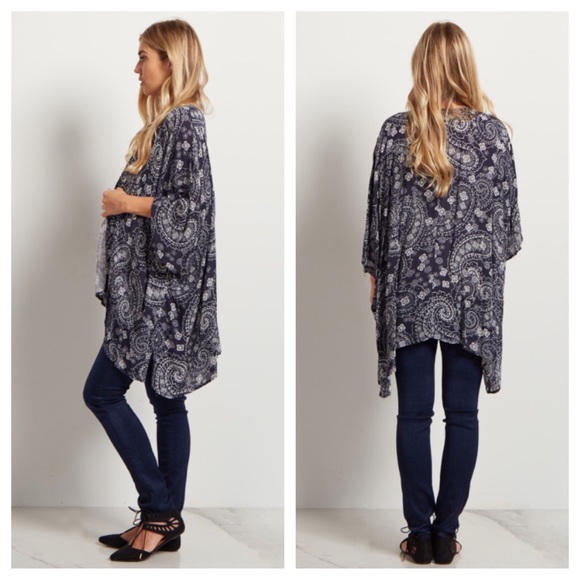 Navy Blue Paisley Print Kimono Wrap - Picture 2 of 2