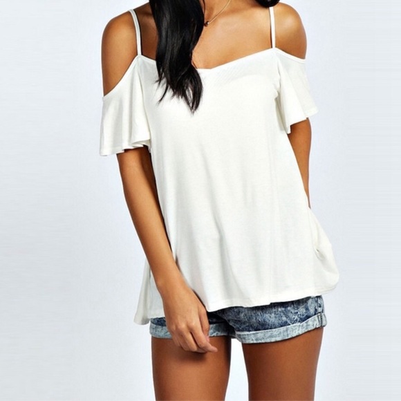 Soft and Sexy Off Shoulder Strappy T-White or Sand - Picture 2 of 7