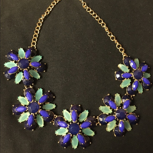 Flower gold, navy, mint, and blue necklace