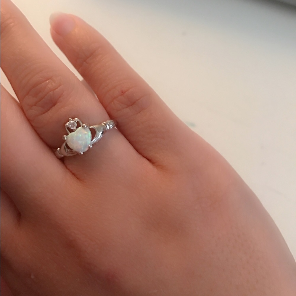 Sterling Silver White Opal Claddagh Promise Ring