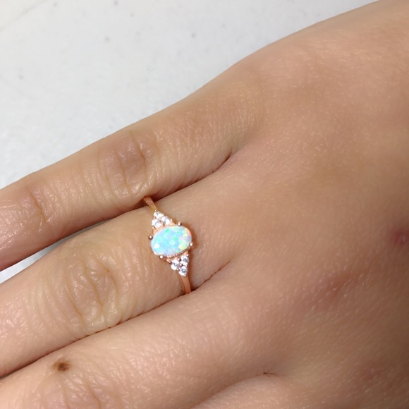Silver Rose Gold Plated Lab White Opal Ring - Picture 2 of 4