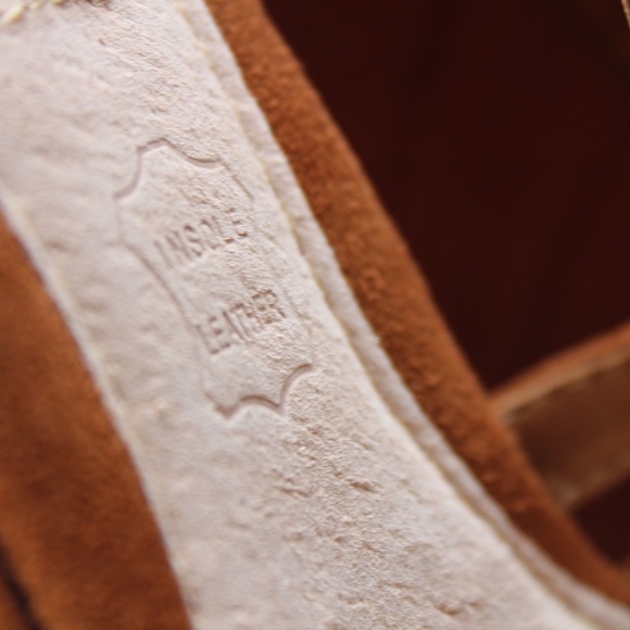 SALE Open Toe Tan Wooden Wedge Ankle Strap Wedges - Picture 5 of 6