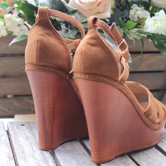 SALE Open Toe Tan Wooden Wedge Ankle Strap Wedges - Picture 6 of 6