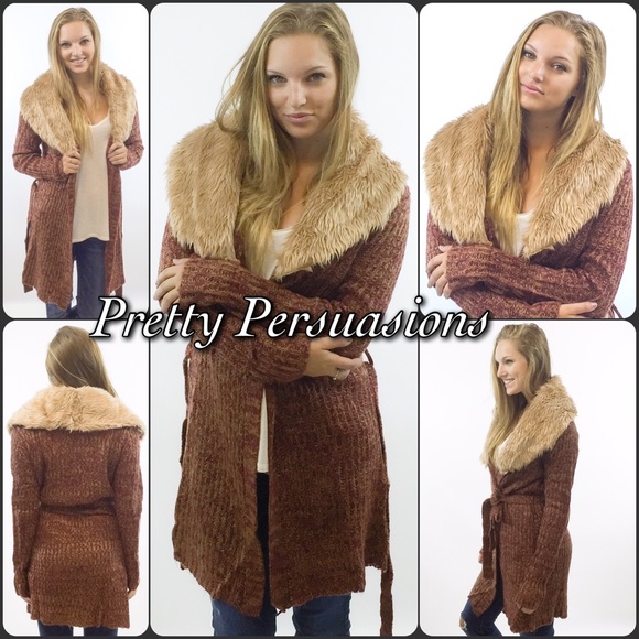 SOLD OUT ‼️ Faux Fur Trim Long Rust Cardigan - Picture 2 of 4