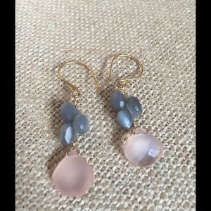 Gold labradorite rose quartz dangle earrings.