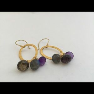 Gold hoops amethyst, labradorite, smoky quartz.