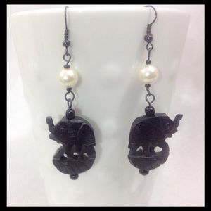 Black Elephant and Pearl Earrings