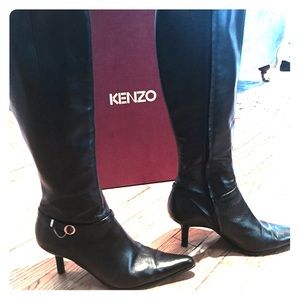 Kenzo lux French designer black leather knee boots