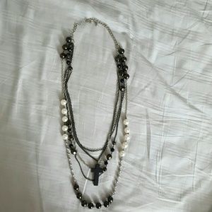 Long Necklace with white and charcoal pearls