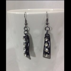 Dangly Black Earrings with rhinestones Hand Craft