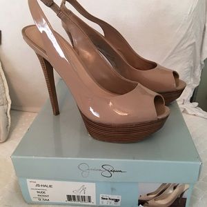 Nude, Jessica Simpson peep toe, platform heels.