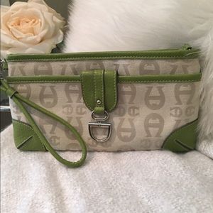 Cream and green wristlet
